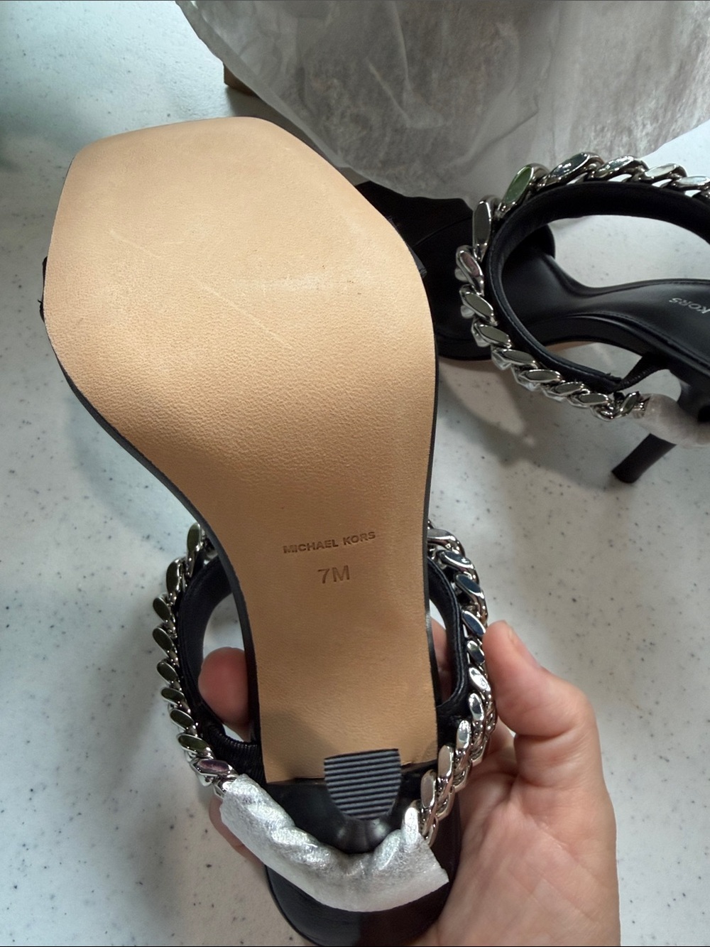 NIB Michael Kors Black Leather Chain-Trim Heeled Slide Sandals - Picture 4 of 7